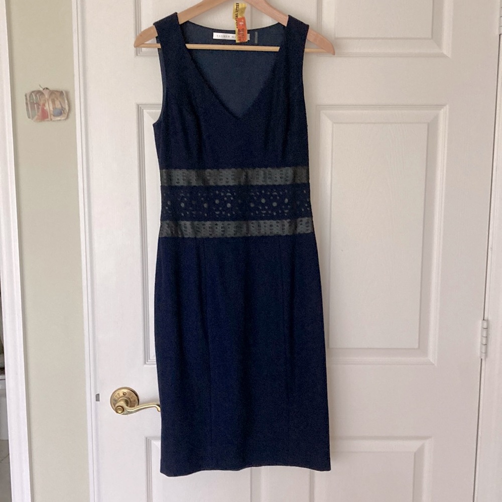 Susan Monaco navy wool blend & leather dress size 2